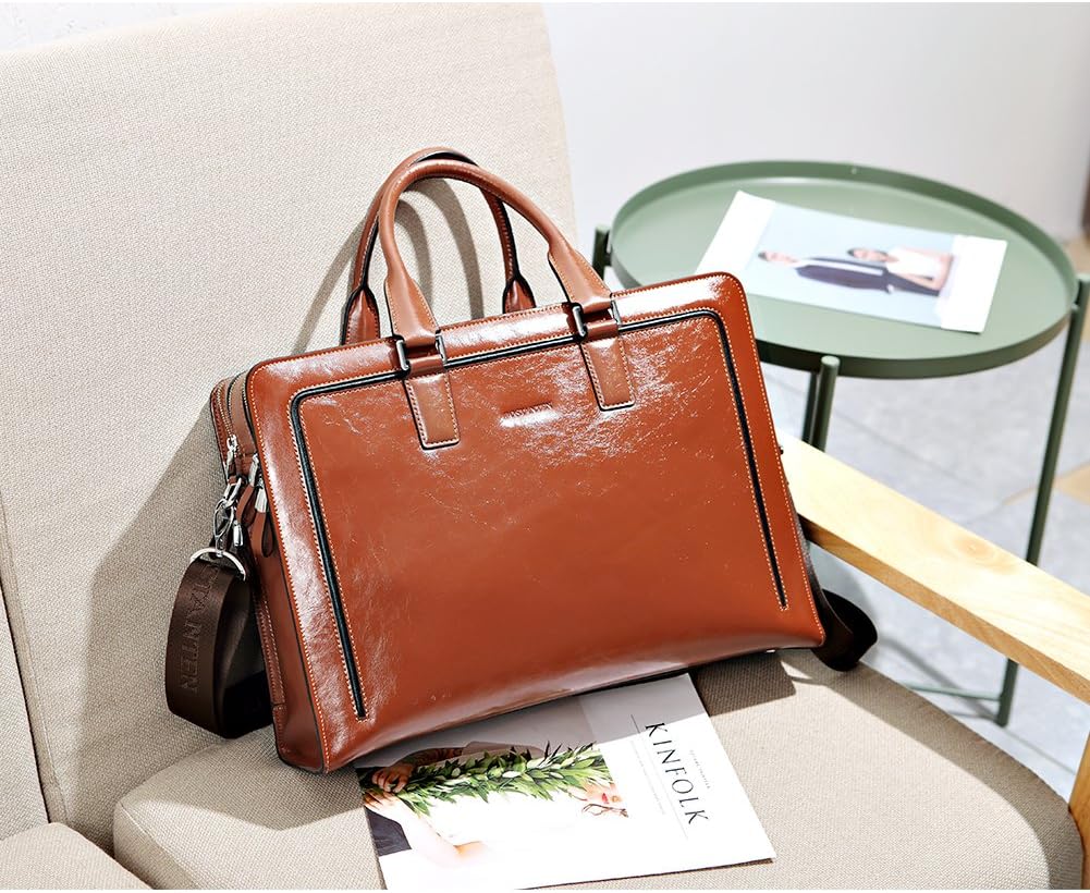 Sac Serviette en Cuir Véritable pour Hommes/Femmes Sac Business Sac Messager 15.6" Sac Ordinateur Portable Sac à Bandoulière Porte Documents Marron