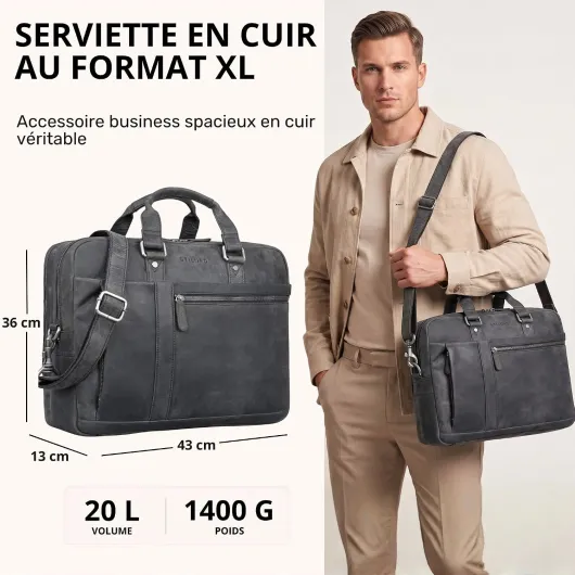 Nico Sac Bandoulière Vintage en Cuir – Sacoche Serviette Cuir Véritable avec Compartiment Ordinateur 15,6 Pouces – Grand Sac Messager Homme & Femme Couleur:Noir Carbon - Gris