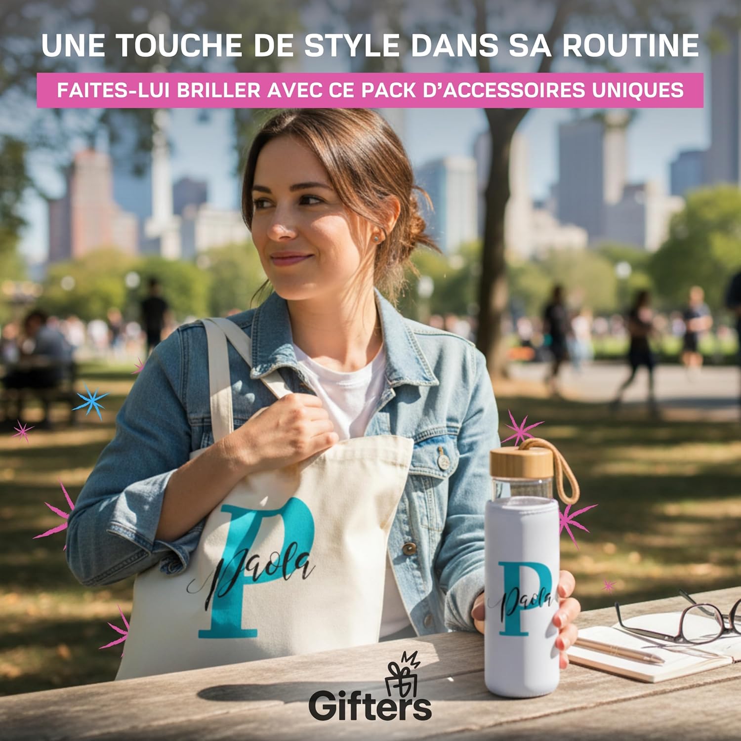 Gifters - Tote Bag Personnalisable Femme - Initiale et Prénom – Sac Cabas en Tissu avec Fermeture Éclair + Bouteille Verre 530ml - Cadeau Personnalisé Original Anniversaire, Fête des Mères, Amie, Fill