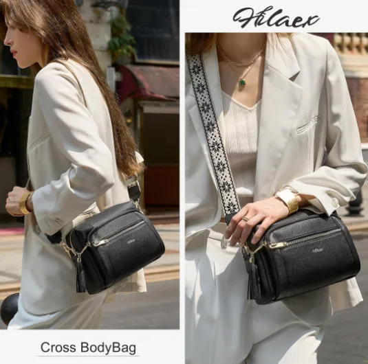 Sacs Bandoulière Femme avec Antivol, Sac a Main Femmes Bandoulieres 4 Compartiments, en Cuir PU avec Sangle Réglable et Large Amovible Noir