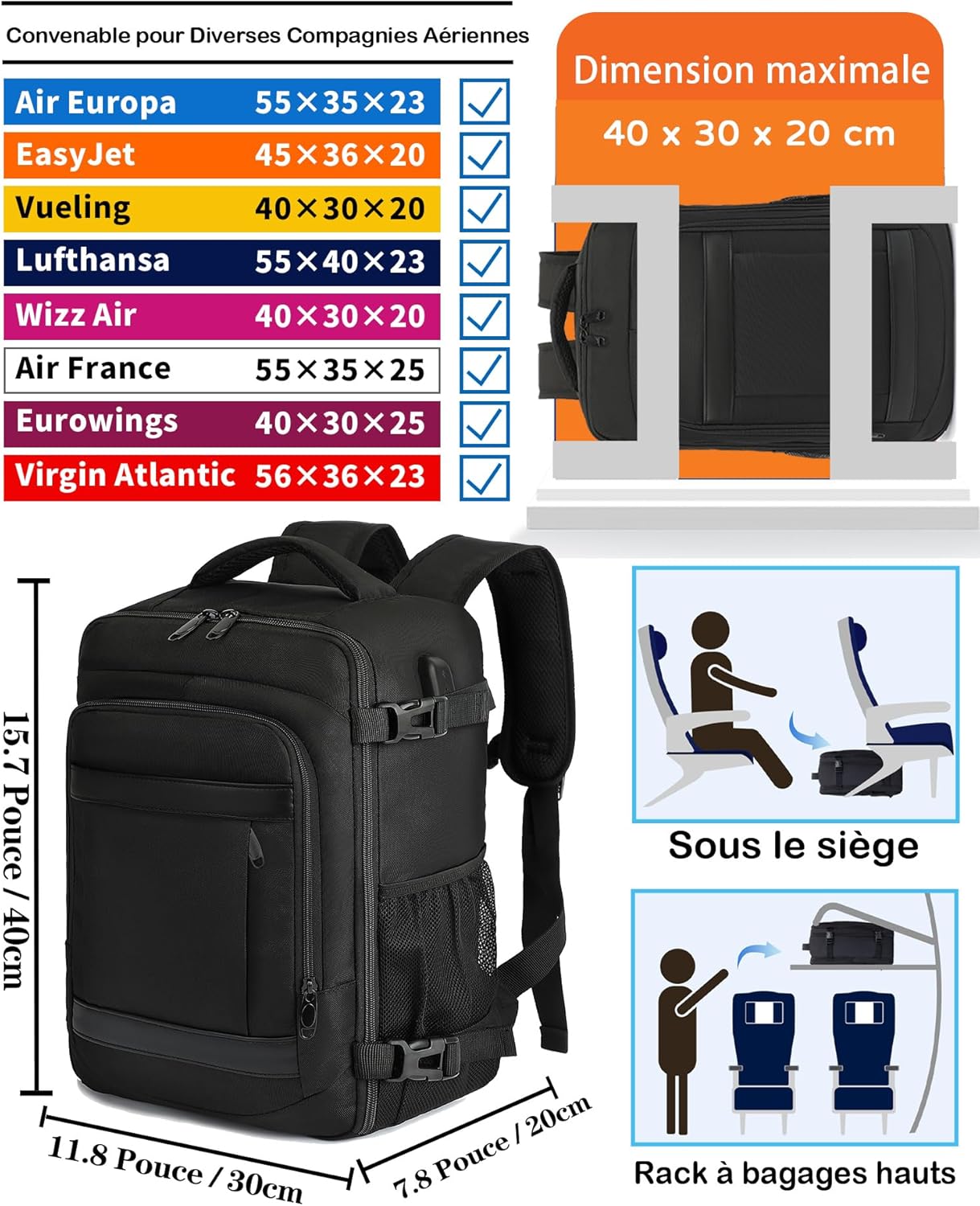 Sacs de cabine 40x30x20 pour Wizzair Eurowings Sous-siège Sac à dos de voyage Bagages à main Sac à main Taille de cabine 24L pour avions Vol Ruscksack Noir 40x30x20cm-24L Noir