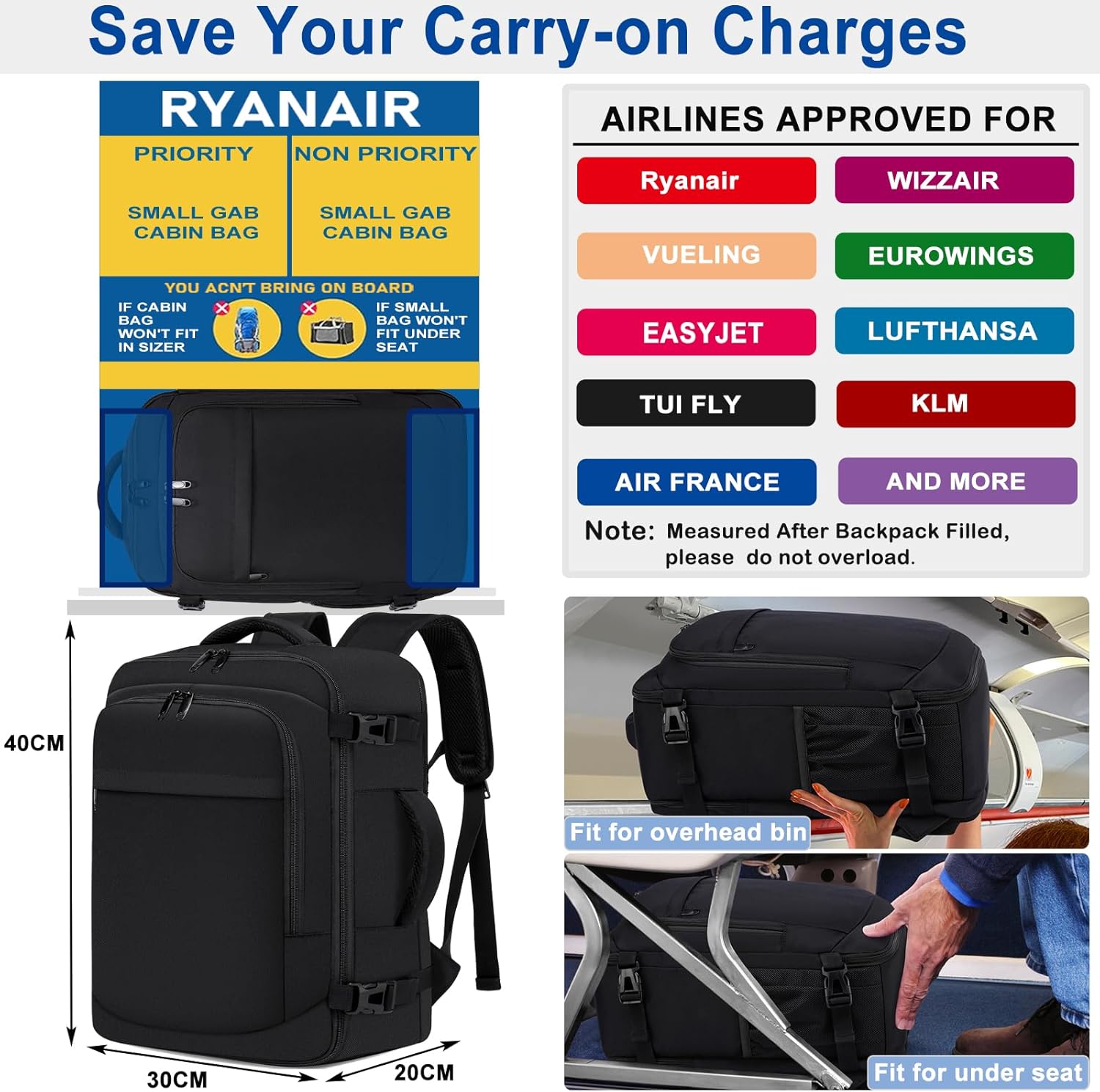 Bagage Cabine 40x30x20 Sac à Dos Voyage Sac Cabine Avion 40x30x20 pour Ryanair,Wizzair 24L Bagage à Main Homme Femme Sac à Dos pour Ordinateur Portable Noir Noir 40x30x20cm (24L)