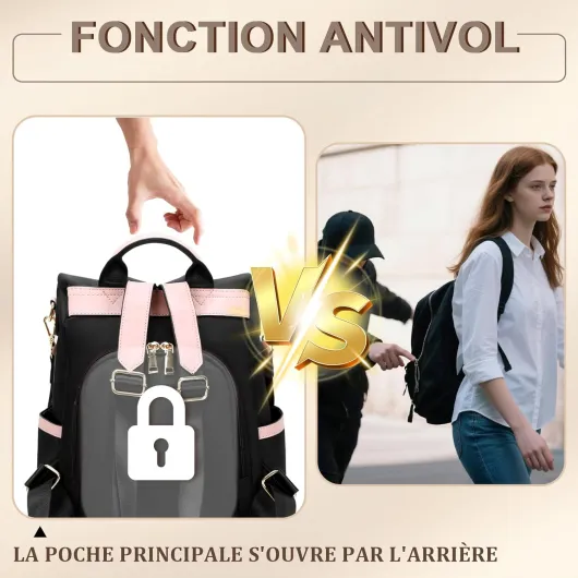 Sac à Dos Femme Antivol，Petit Sac à Dos，3 en 1 Sacs à Main Portés Dos Femme Léger Backpack Loisirs Casual pour Voyage L'école Travail Université Collège Shopping Noir Noir et Rose