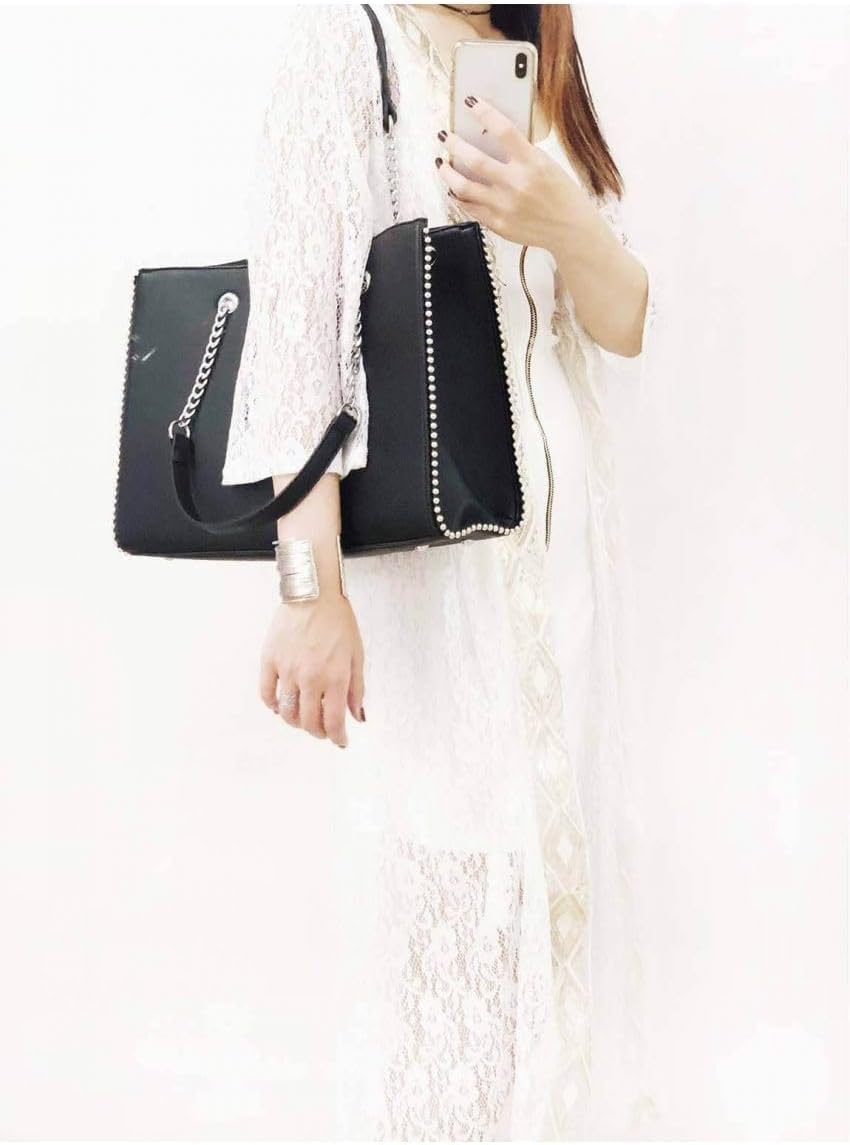 Sac à Main Femmes Chaîne Perle Bille Clou - Cours Grand Format A4 Lycée - Cabas Shopping Fourre-Tout Taille XL - Porté Epaule Ville Similicuir PU - Chic Tendance Noir