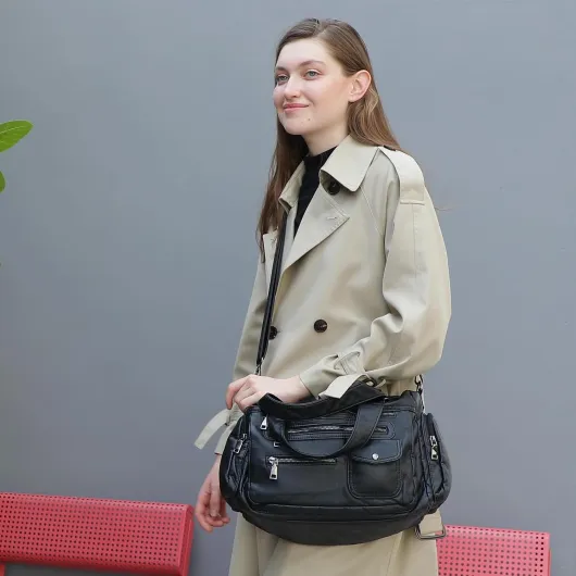 Sac à Main pour Femme en Cuir Souple Synthétique lavé avec Multi-Poches Sac à bandouliere élégant et spacieux Sac portés Main Fourre-Tout Cabs M Noir-2281