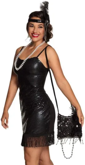 Boland 36000 - Sac à main Flapper, noir, 19 x 19 cm, paillettes, perles, plumes, scintillement, charleston, années 20, carnaval, mascarade, fête à thème, déguisement, théâtre