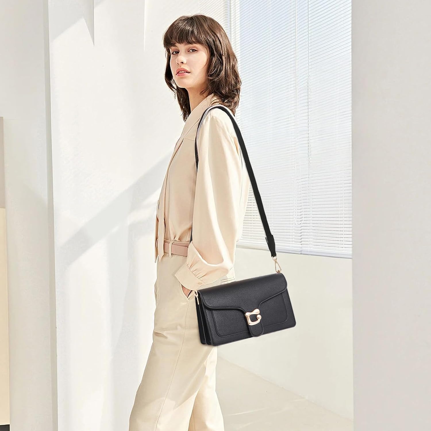 Sac a Main Femme en Cuir Sac Bandoulière Femme Petit Sacs Bandouliere Pochette Sac à Main Tendance Sacoche Portés épaule pour Femme Sac de Soirée - Avec 2 Larges Sangles Amovibles Noir