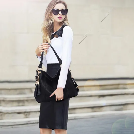 NICOLE & DORIS Sac à Main pour Femme Sac à bandoulière pour Femme en Cuir Sac fourre-Tout avec Pompon Noir