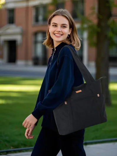 Lekesping Sac Fourre-Tout Femme Grand en Velours Côtelé, Bandouliere Cabas avec Fermeture Éclair et Poches, Léger Sac a Main Ordinateur 17 Pouces pour Voyage Shopping Université et Usage Quotidien M Noir