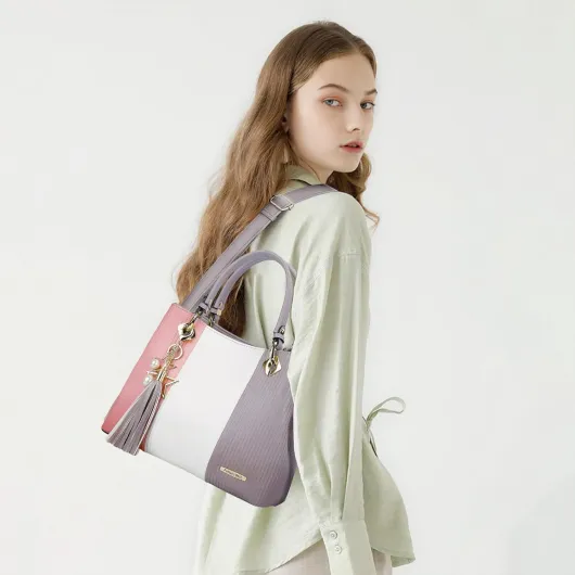 Sac à Main Femme Sac Bandoulière Femme Cabas Sac D'épaule Sac Fourre-Tout Sac de cours PU Cuir Frange avec Bandoulière Ajustable Rose/Gris/Blanc