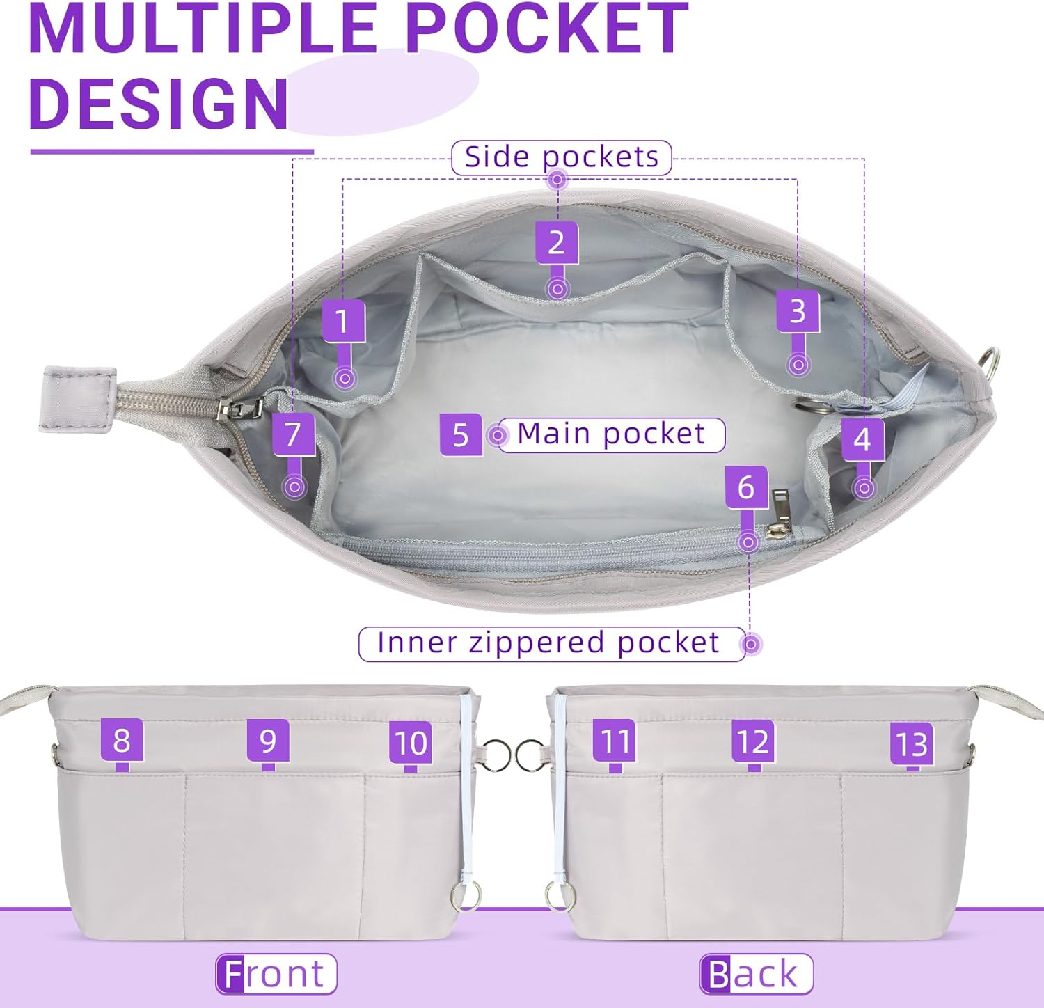 HyFanStr Organisateur de Sac à Main en Nylon pour Femmes, Bag In Bag Pochette Sac de Rangement Intérieur avec à Fermeture éclaire Extra Petit Gris XS Gris