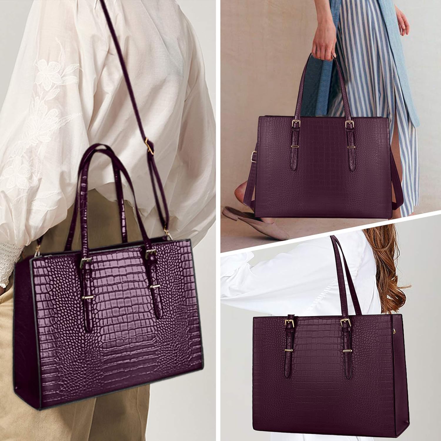 Lubardy Sac Cabas Femmes Sac à Main Grande Capacité PU Cuir Sac Ordinateur 15.6 Pouces Sac de Cours Imperméable Sac Cours Lycee Sac Epaule Bandoulière Affaires Voyage Violet foncé Mauve