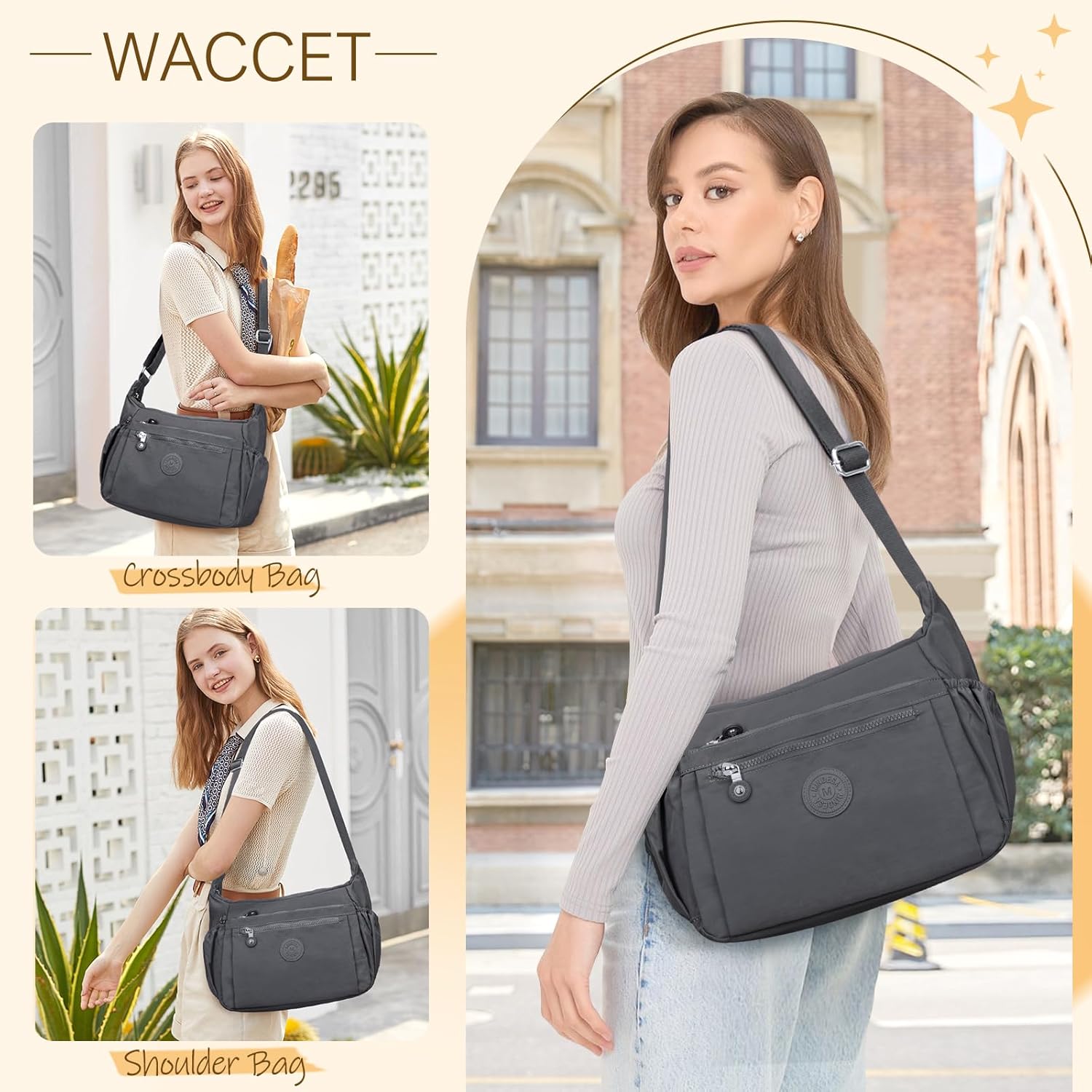 Sac Bandoulière Femme Grand, Sac à Main Bandoulière Nylon Imperméable avec Bandoulière Réglable Multi Poches Sacoche à Bandoulière Femme pour Voyages Usage Quotidien Travail Gris Foncé