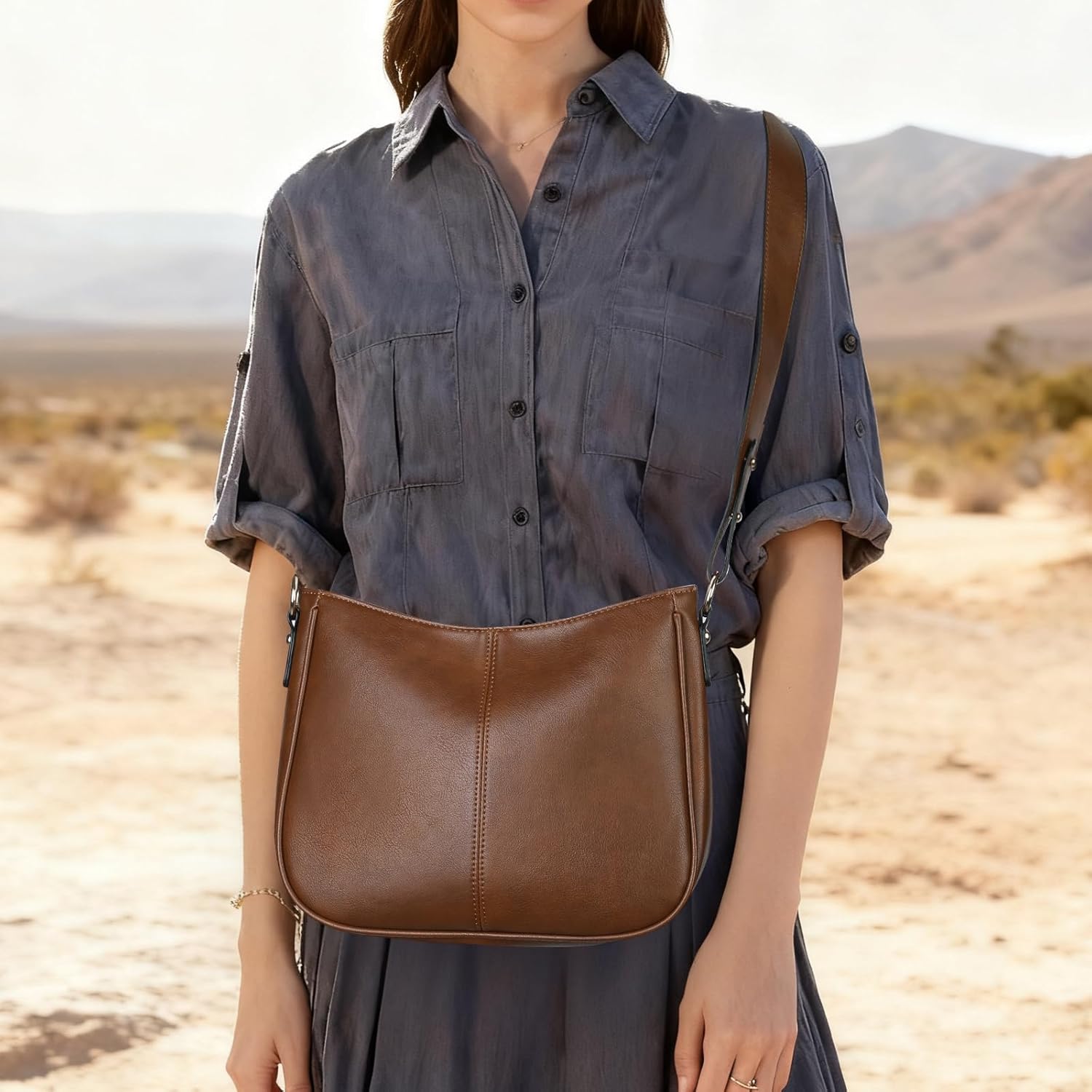 Sacs à bandoulière pour femmes Sacs à main tendance Hobo avec large bandoulière Cuir végétalien Marron