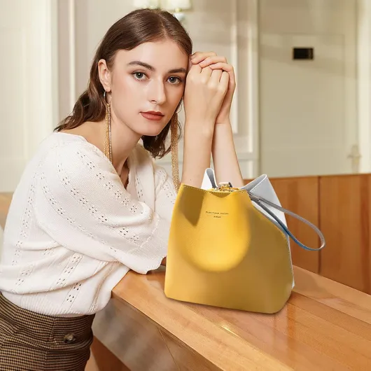 NICOLE & DORIS Sacs à Main Femme Mode Sac Epaule Sac à Bandoulière Léger Sac Seau en PU Cuir Sacs Portés Main Chic Convient pour Les Achats Quotidiens Jaune