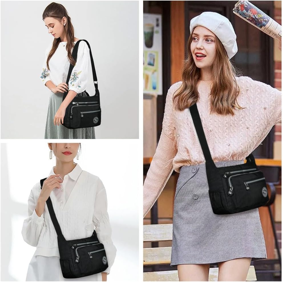 Sac Bandouliere Femme, Sac à Main en Nylon, Multi-Poches Bandoulière Impermeable, Sacs à Bandoulières Multifonctionnel avec Bandoulières Réglable, Sacs Besace Loisir pour Voyage Noir-b