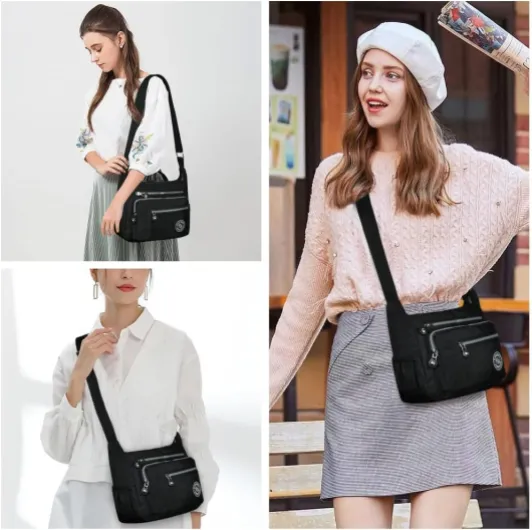 Sac Bandouliere Femme, Sac à Main en Nylon, Multi-Poches Bandoulière Impermeable, Sacs à Bandoulières Multifonctionnel avec Bandoulières Réglable, Sacs Besace Loisir pour Voyage Noir-b