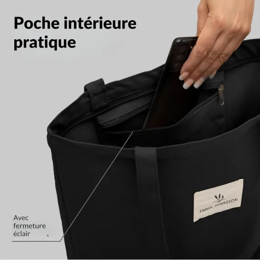 Tote Bag Femme - Sac Tissu avec Fermeture éclair et Poche intérieure - Sac en Toile Femme - Aestetic Coton Bag - Canvas Sac Tote Bag - sac de course - sac cabas Noir