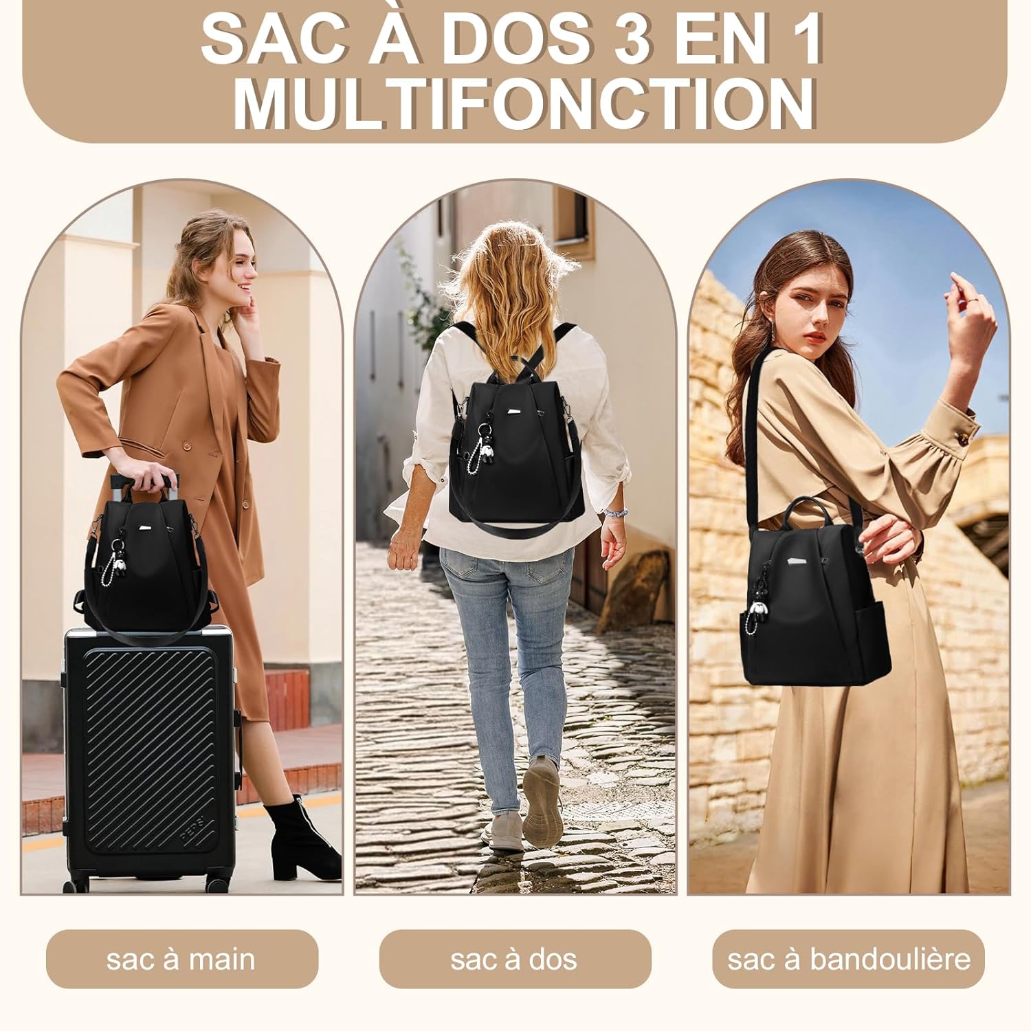 Sac a Dos Femme Antivol, Sacs à Main Portés Dos Elégant Léger 3 en 1, Petit Sac Bandoulière pour Voyage Travail Loisirs Université Noir - Modèle Standard