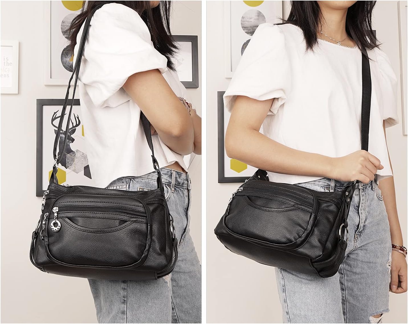 Sac Bandoulière Femme, Cusual Multi-Poches Sac à Main en Cuir PU Sac à Bandoulière (Noir)