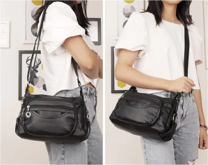 Sac Bandoulière Femme, Cusual Multi-Poches Sac à Main en Cuir PU Sac à Bandoulière (Noir)