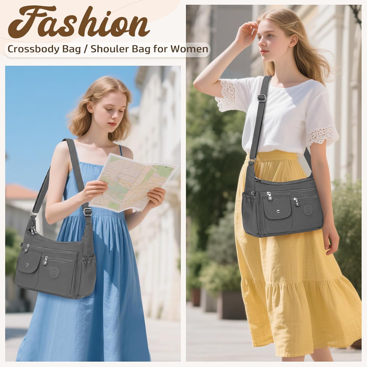 Sac Bandoulière Femme Nylon Sacs a Main Femmes Grand Impermeable Sacoche Multipoches Loisir Sacoches Messenger avec Bandoulière Réglable Besace pour Shopping, Travail, Voyage Gris