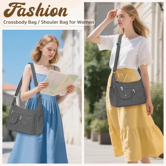 Sac Bandoulière Femme Nylon Sacs a Main Femmes Grand Impermeable Sacoche Multipoches Loisir Sacoches Messenger avec Bandoulière Réglable Besace pour Shopping, Travail, Voyage Gris