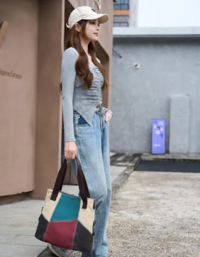 Sac à main en toile pour femme, sac à bandoulière décontracté, sac hobo rétro en toile, sac à provisions, Rouge, Medium