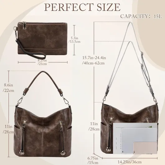 Sacs à main Hobo Sac porté épaule pour femmes，Sac Shopping Cuir PU Grande Sacs bandoulière Sacs portés épaule Portefeuille 2pcs Set Café