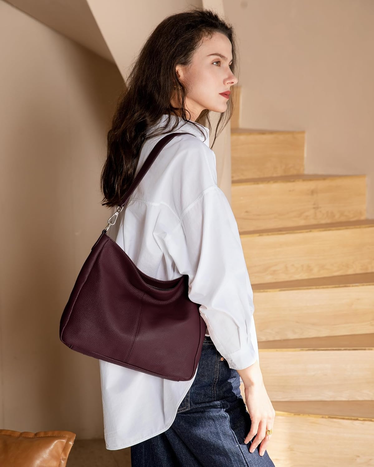 Sac à Main pour Femme en Cuir Véritable, Sac Cabas Hobo Souple, Sac à Bandoulière Femme, Taille Moyenne avec 2 Bandoulières - Simple, Classique, élégant Rouge Vin