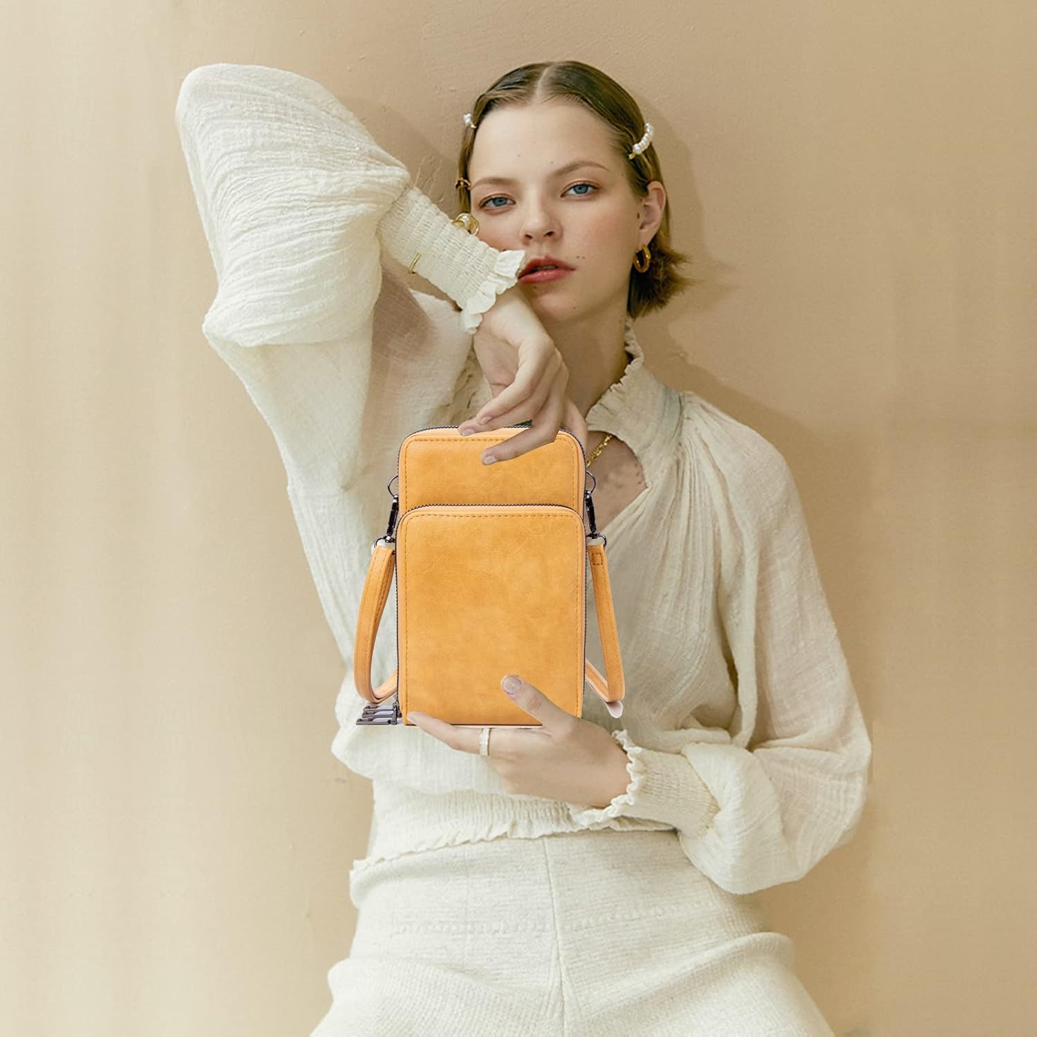 Petit Sac à bandoulière léger pour Femme Sac à Main Avec 3 poches principales et 14 emplacements pour cartes A-03-jaune Grande