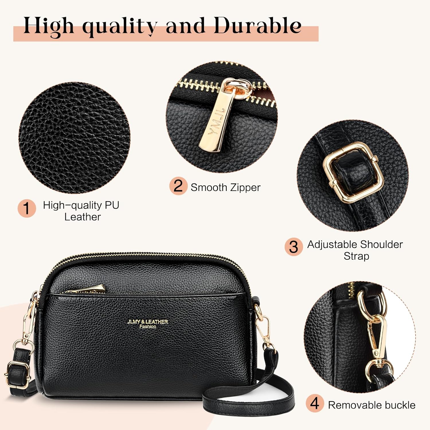 Sac Bandoulière Femme, Sac à Main Femme, Sac Téléphone Portable en PU Cuir, Sac a Main Femmes Bandoulieres Sangle Réglable et Amovible, Mini Sac Bandoulière pour Voyage Shopping Travail Style B-noir