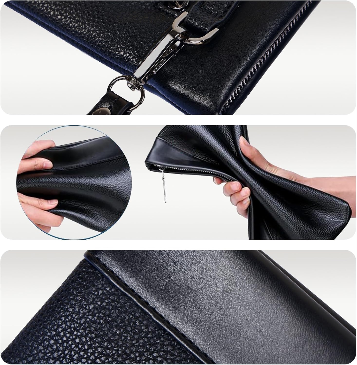Pochette Homme Cuir PU, Sacs à Main Homme avec Dragonne Petite Sacoche d'affaires Portefeuille Hydrofuge Léger pour Voyage Loisirs Bureau Noir - 11