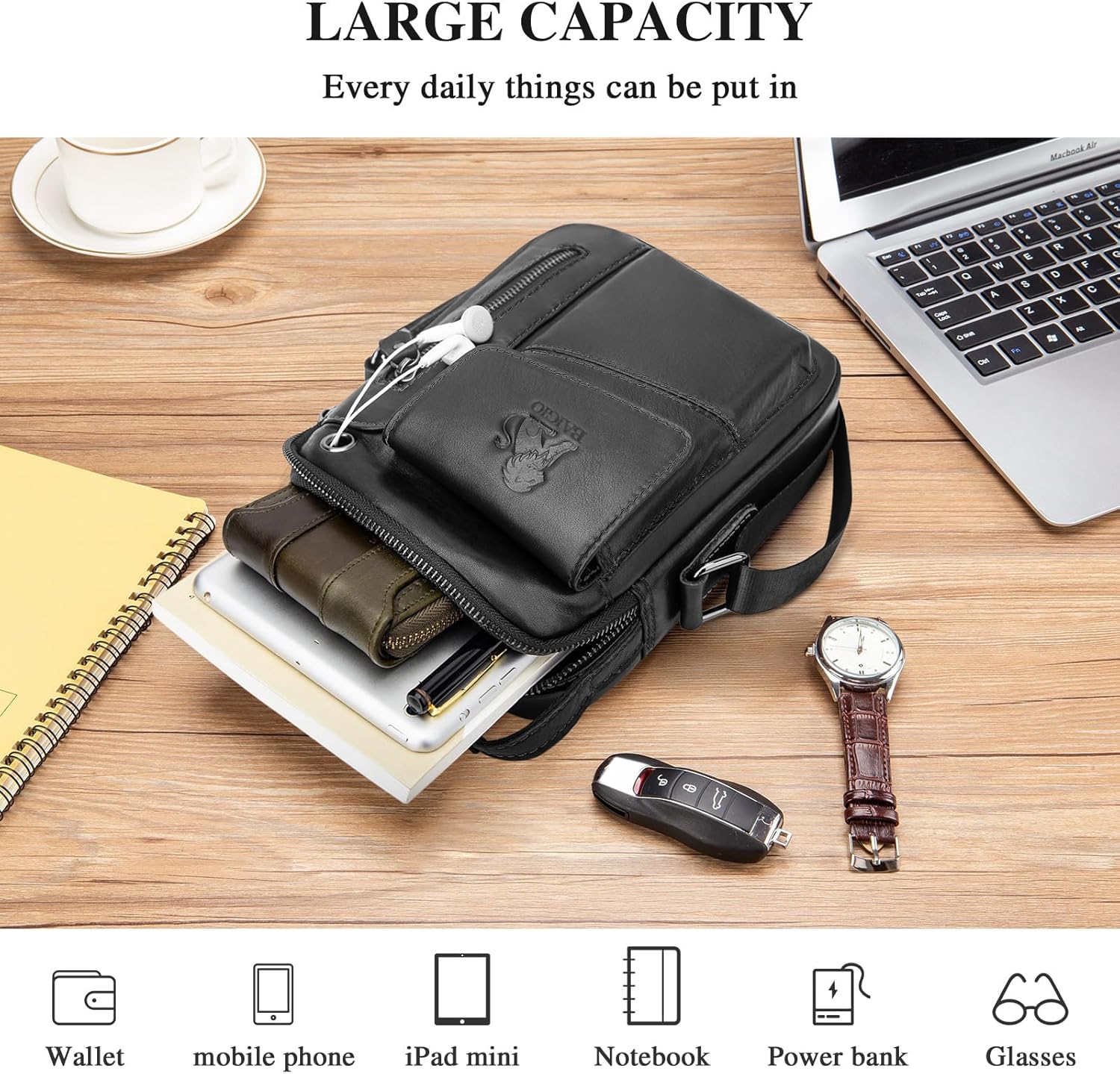 Sacoche Homme Cuir Sacoche Bandouliere Homme Vintage Cartable Sac de Messager Pochette Sac à Bandoulière Sacs Portés Épaule Sacs à Main pour Affaires Travail Voyage Vie Quotidienne Noir