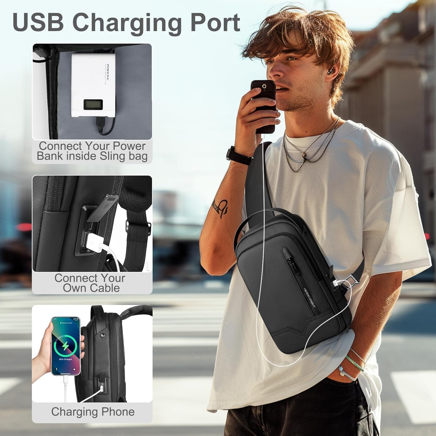 Sacoche Homme Sac de Poitrine Imperméable Léger avec Port de Chargement USB Sacoche Bandoulière Noire Sac Bandouliere pour iPad 11.3 Pouces (Noir)