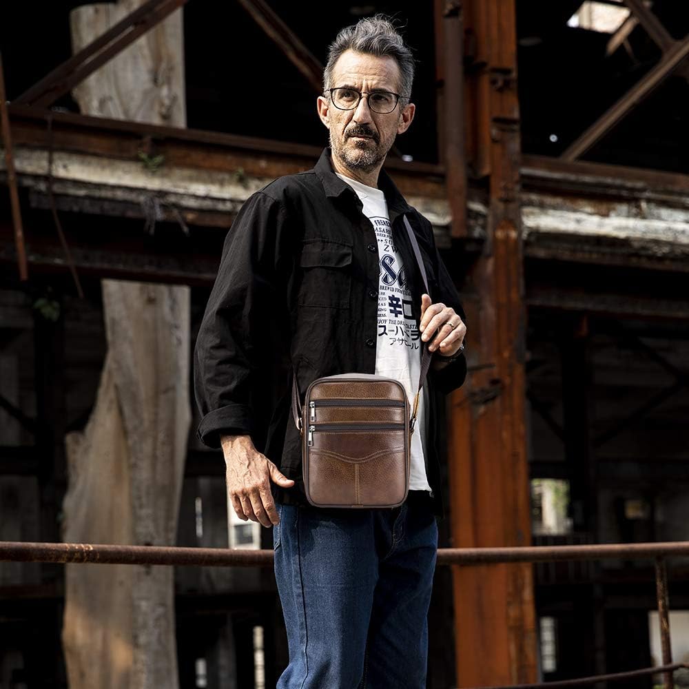 Homme Sacs Portés épaule Tendance Loisir Cuir Veritable Sac Besace Marron3