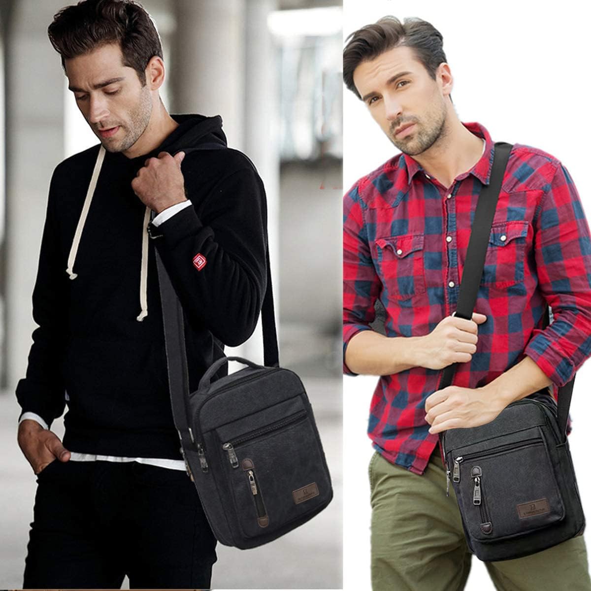 Sac à bandoulière pour homme en toile Messenger Sacs de voyage Sac à bandoulière de grande capacité Sac à main décontracté avec plusieurs poches pour le travail, le shopping, la randonnée Noir