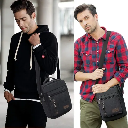 Sac à bandoulière pour homme en toile Messenger Sacs de voyage Sac à bandoulière de grande capacité Sac à main décontracté avec plusieurs poches pour le travail, le shopping, la randonnée Noir