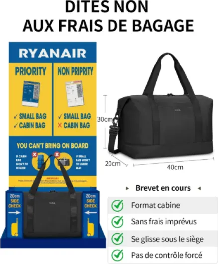 Sac de Voyage 40x30x20 Ryanair, Pliable Bagage Cabine, Léger Sac à Main, Weekend avec Pochette Humide Amovible pour Homme Femme, Sac Cabine Avion Imperméable Bagage a Main 20L (Noir)
