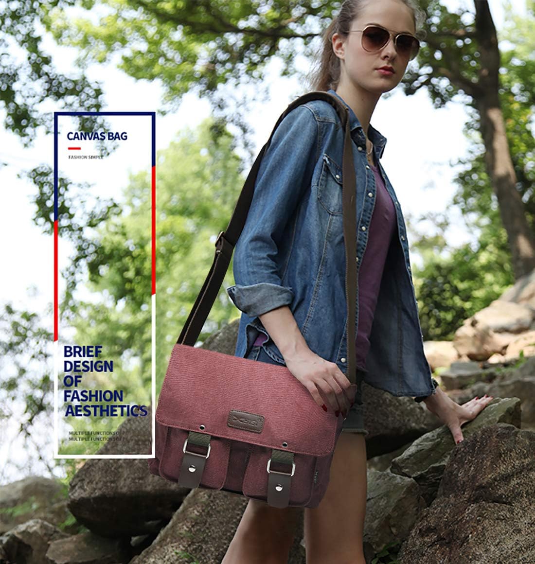 Sac à bandoulière Toile Millésime Unisexe Sac d'épaule Hommes/Femmes Toile Sac Messager, 7.9 Pouces Tablet Sacs Portés épaule, pour Travail, fac, Voyage, Sport Vin Rouge