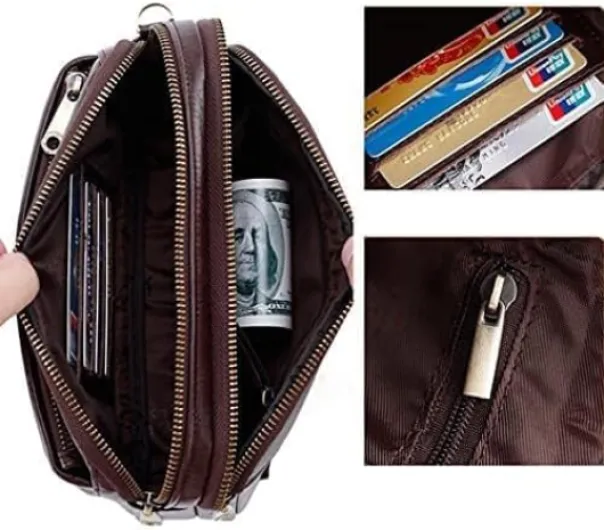 Hebetag Xieben Vintage Cuir Sac à Main Portefeuille D'embrayage Pour Hommes Phone Holder Embrayage Sac De Poignet Wristlet Poche à Monnaie Business Vintag #05café