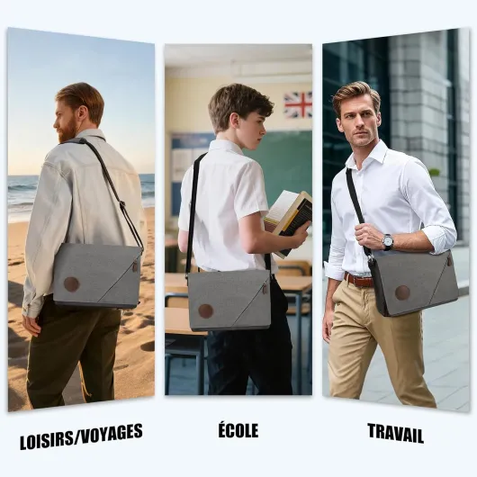 Sacoche Homme Bandouliere Imperméable, Sac Bandoulière Besace Homme pour Ordinateur Portable Sacs d'épaule en Toile et Cuir Céritable Vintage pour Travail Voyage Loisirs Bureau Université Gris 14 pouces