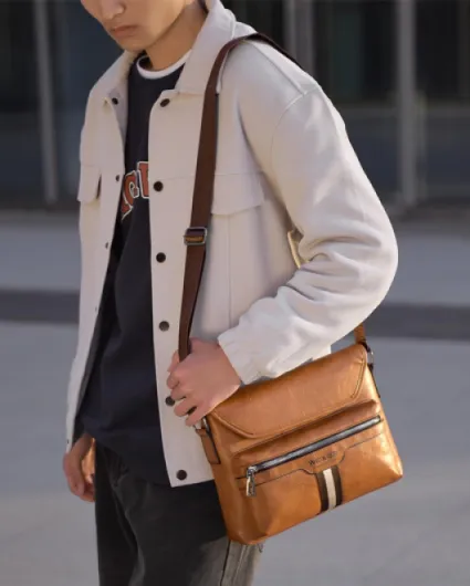 Sacoche Bandoulière Cuir Sacoche Homme Sacs à Bandoulière Vintage Shoulder Bag Business Cartable Besace pour Portable pour Voyage, Randonnée et Travailler (Brun clair-3)