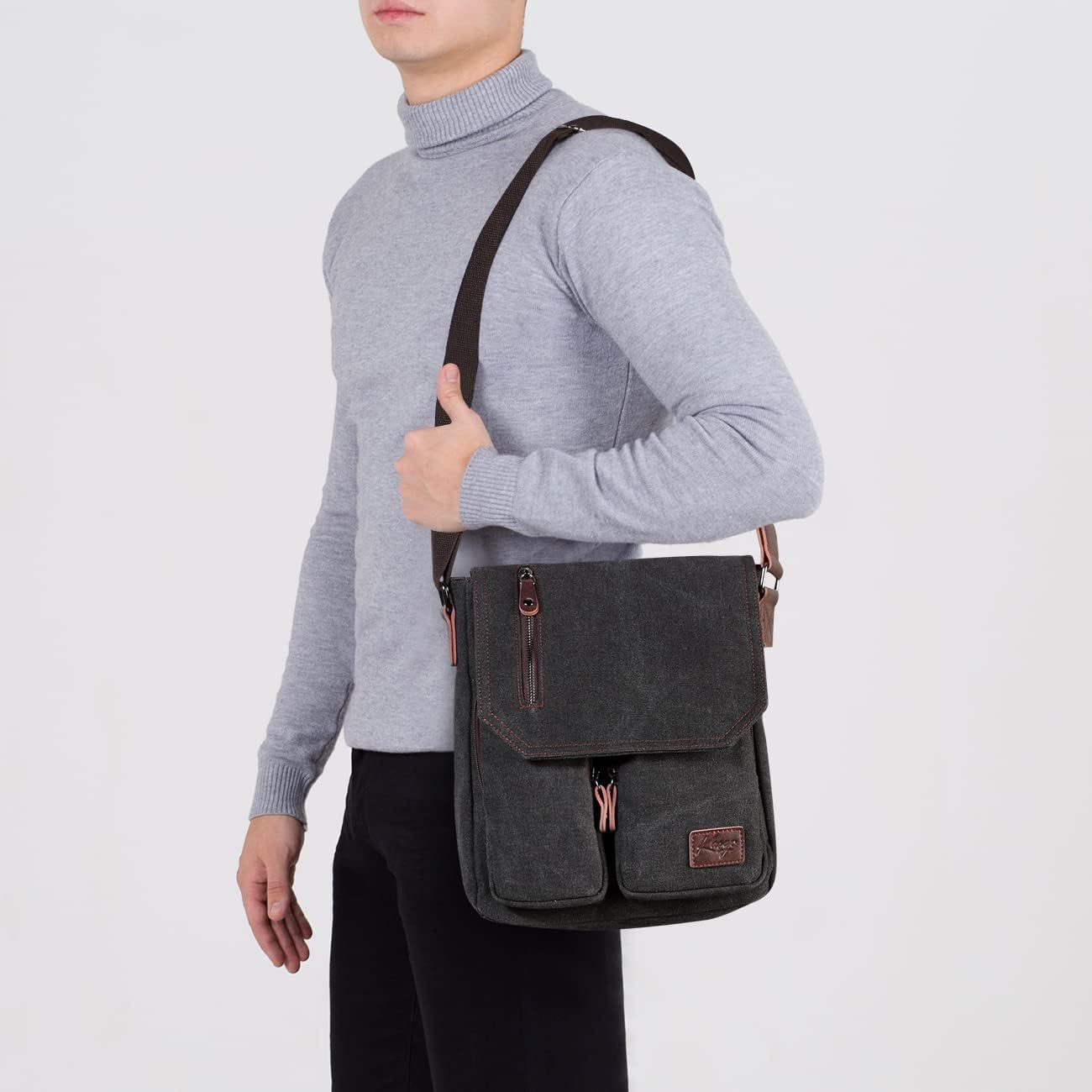 Sacoche Homme Femme, Léger Multi-poches Sac Bandoulière Homme Femme en Toile Vintage 11 Pouces Besace Pochette Porté Epaule pour Affaires Travail Voyage Scolaire Taille unique Gris Foncé
