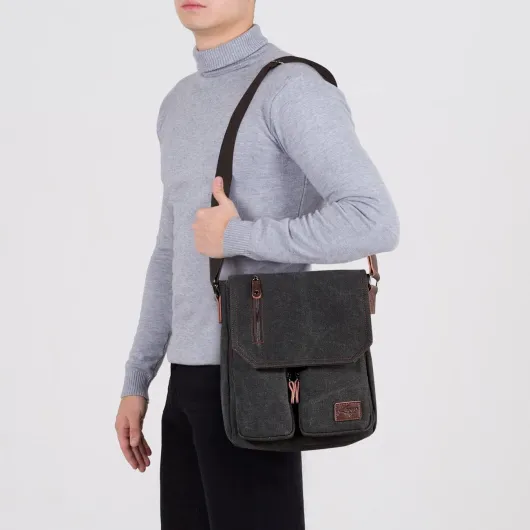 Sacoche Homme Femme, Léger Multi-poches Sac Bandoulière Homme Femme en Toile Vintage 11 Pouces Besace Pochette Porté Epaule pour Affaires Travail Voyage Scolaire Taille unique Gris Foncé
