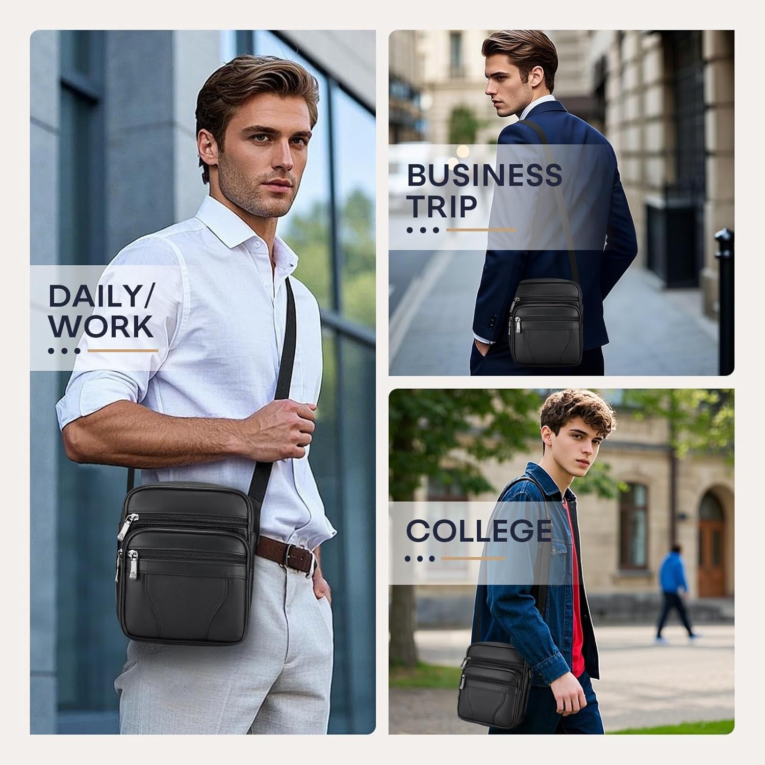 Sacoche Homme Bandouliere Sacoche Homme Cuir Veritable Petit Sac Bandoulière Homme Sac Porté Epaule Sacs Business Sacs à Dos Porté Travers Pochettes Sacs à Main Voyage E-noir