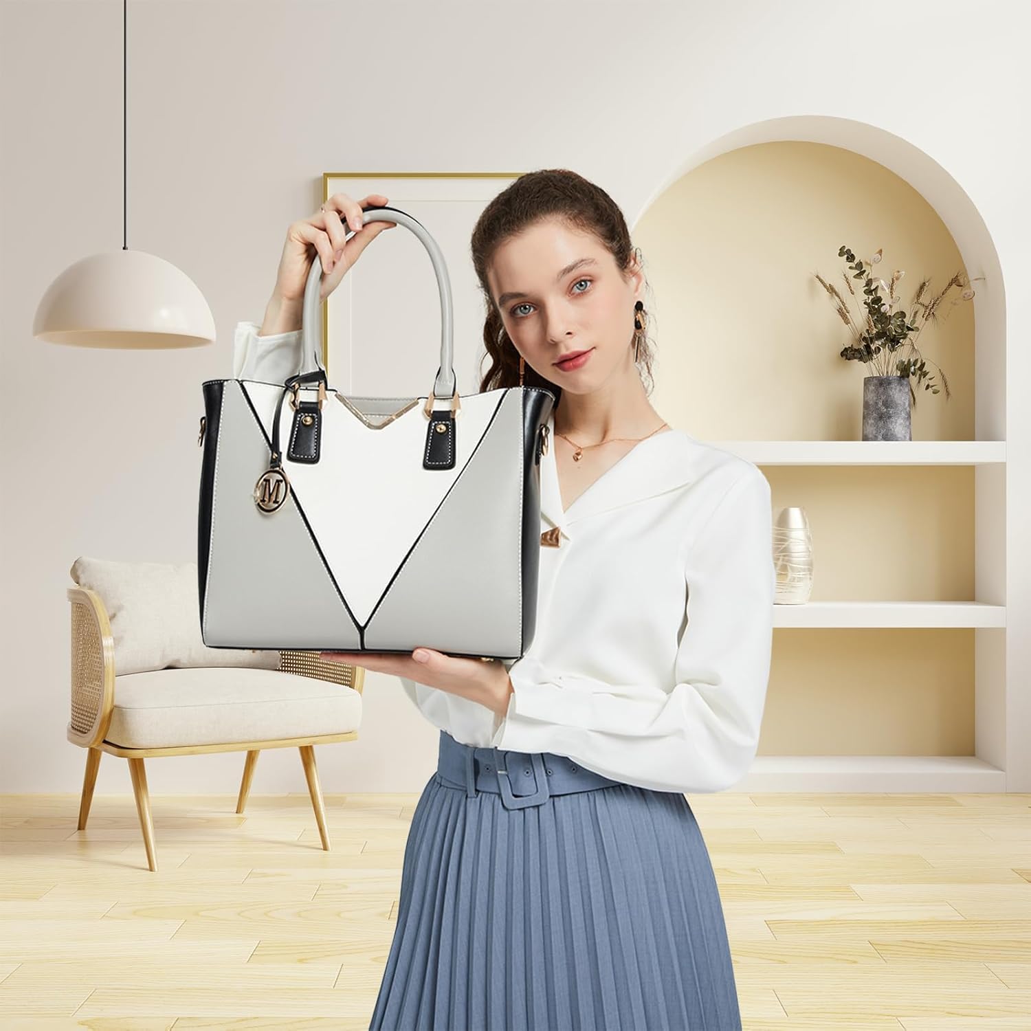 Sac à Main Femme en Cuir PU, Cabas Bandoulière Multicolore,Idéal pour l'École, le Travail et l'Usage Quotidien Gris