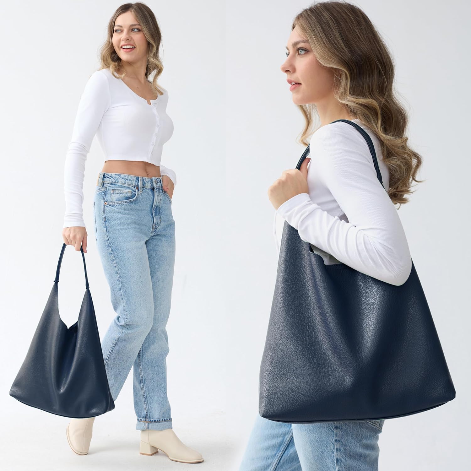 Sacs Hobo pour femme en cuir végétalien souple, sac à main fourre-tout souple Bleu Marine
