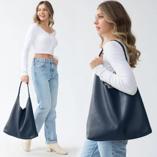 Sacs Hobo pour femme en cuir végétalien souple, sac à main fourre-tout souple Bleu Marine