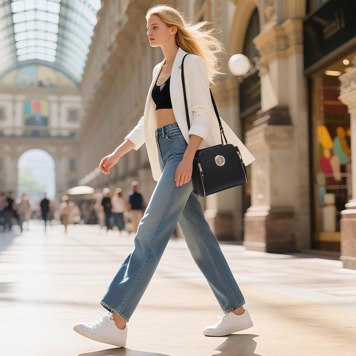 Sac à Main Femme – Sac Bandoulière Porté Travers & Épaule en Similicuir Vegan, Taille Moyenne, Zippé, Élégant et Pratique pour Travail, Sortie ou Quotidien (Noir)